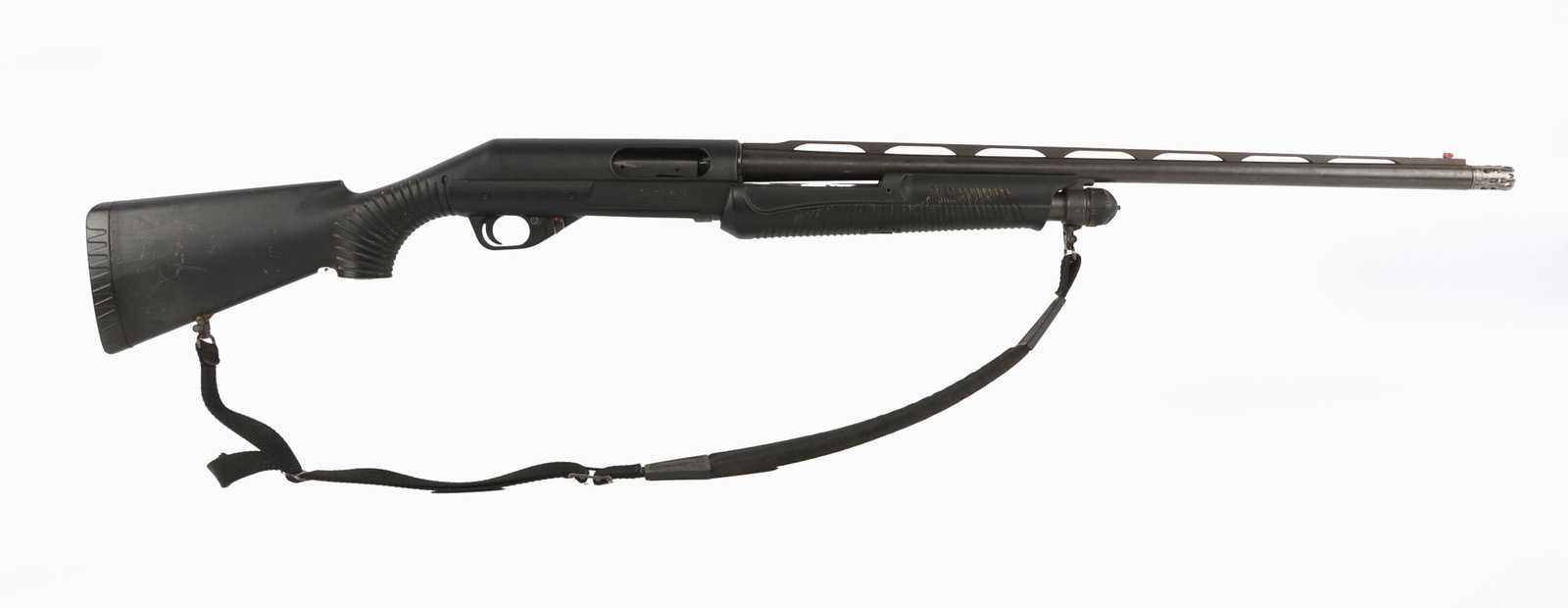 BENELLI NOVA FIELD 12 GAUGE PUMP ACTION SHOTGUN: Benelli Nova pump-action shotgun, 12 gauge, 3-1/2 inch chamber. Barrel length 25.5 inches. Full length vent rib. Kicks HF full choke. Synthetic stock. Good condition. Mechanically fine, functions with