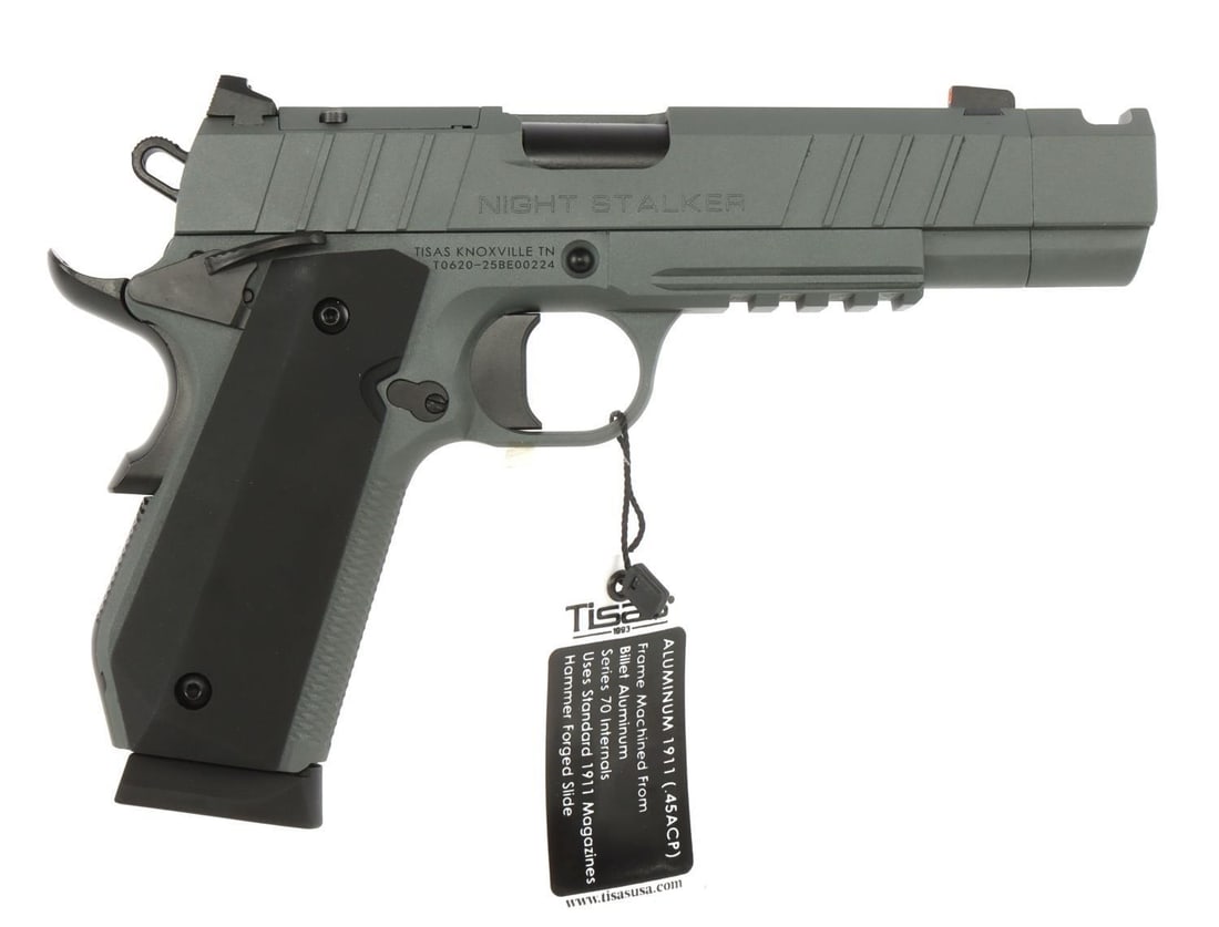 TISAS 1911 NIGHT STALKER COMP .45 ACP PISTOL NIB: New in box Tisas 1911 Night Stalker Comp optic-ready semi-automatic pistol. Barrel length 4.25 inches. Co-witness Tritium night sights. Steel frame with Platinum Grey Cerakote finish. Includes two (2)