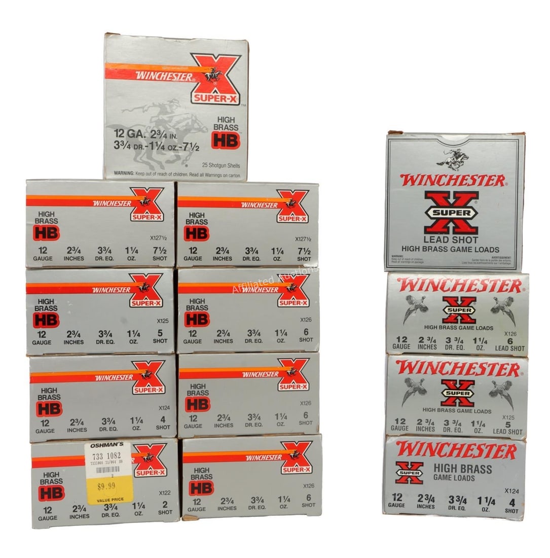 325 RD WINCHESTER SUPER-X HIGH BRASS SHELLS 12GA: Lot includes: THIRTEEN (13) Boxes of 25ct Winchester Super-X 12 Gauge Shotgun Shells. 2 3/4 inches. 3 3/4 Dram. 1 1/4 oz. Lot includes varied shot sizes: 2, 4, 5, 6 & 7 1/2. Upland & small game huntin