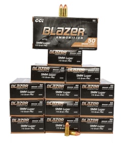 650 ROUNDS 9MM LUGER 115 GR BLAZER BRASS AMMO LOT