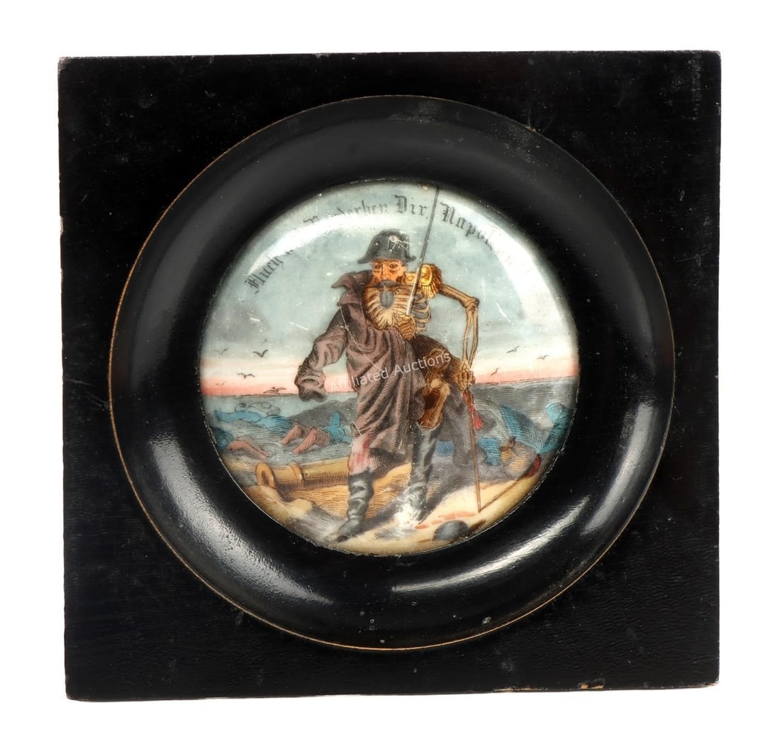 PRUSSIAN ENAMEL PORTRAIT OF A SOLDIER NAPOLEONIC: An enamel portrait of a wounded Prussian soldier, showing a skeletal arm and disheveled appearance. The piece bears the words, "Flurh und verdechen Dir Napoleon." 4.5 X 4.5 inches. Very good, original