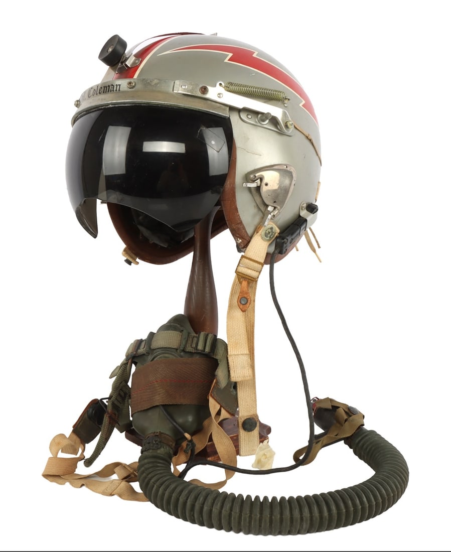 US AIR FORCE NAMED COLONEL'S P-4B FLIGHT HELMET: US Air Force P-4B flight helmet, size large, with mask and visor. Exterior painted with red lightning bolts and black knight riding lightning bolts. Visor frame has "Col. Coleman" painted in gothic sc