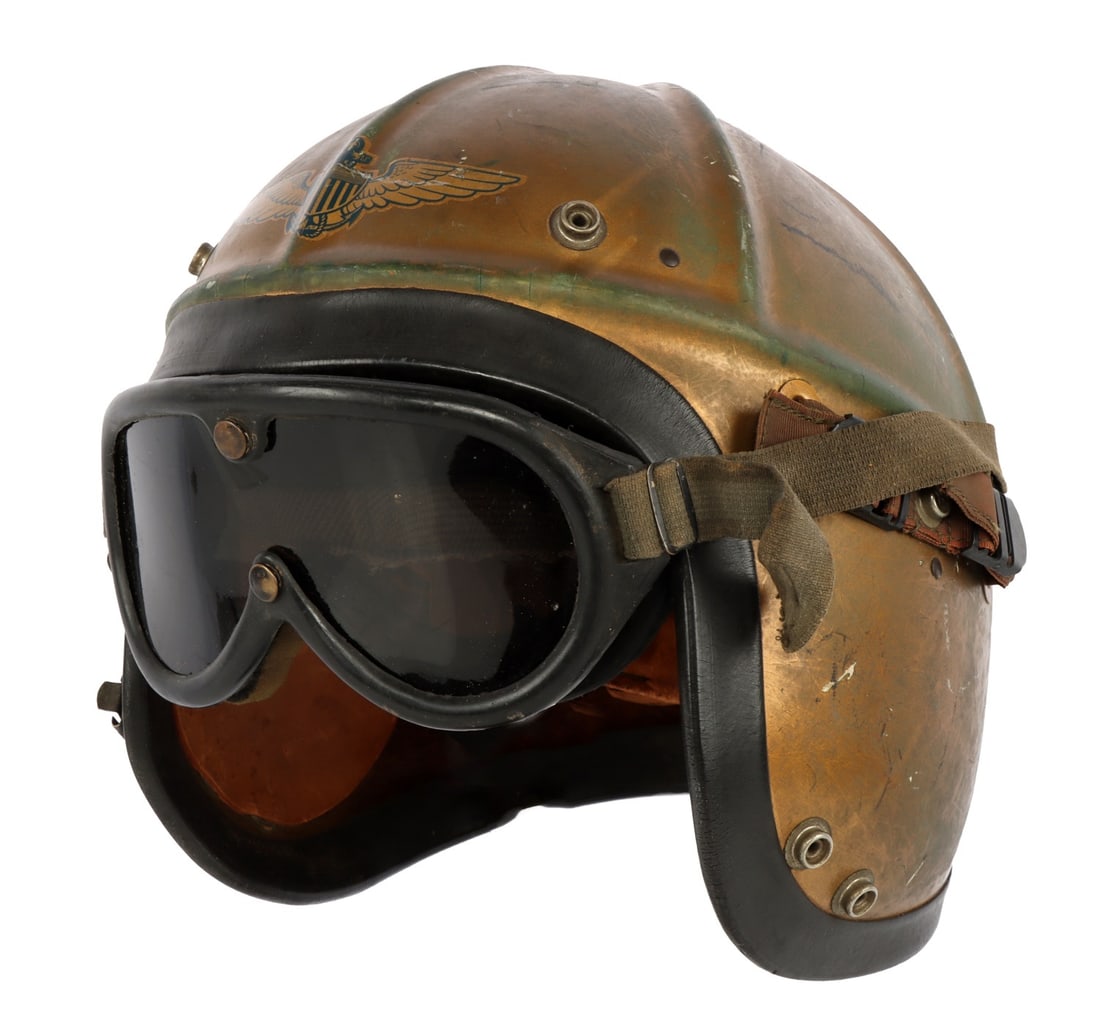 US NAVY KOREAN WAR ERA H-4 FLIGHT HELMET: Gold paint with naval aviator insignia. Complete with liner. Comes with goggles. Bassons Industries make. Large size.