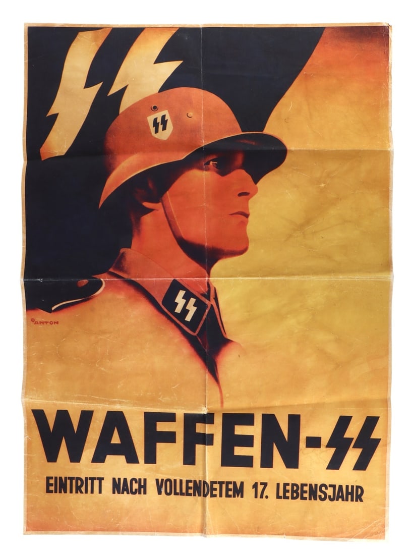 WWII GERMAN REICH WAFFEN-SS PROPAGANDA POSTER: A propaganda poster featuring a member of the Waffen-SS. 24.1 X 34 inches. Very good, original condition.