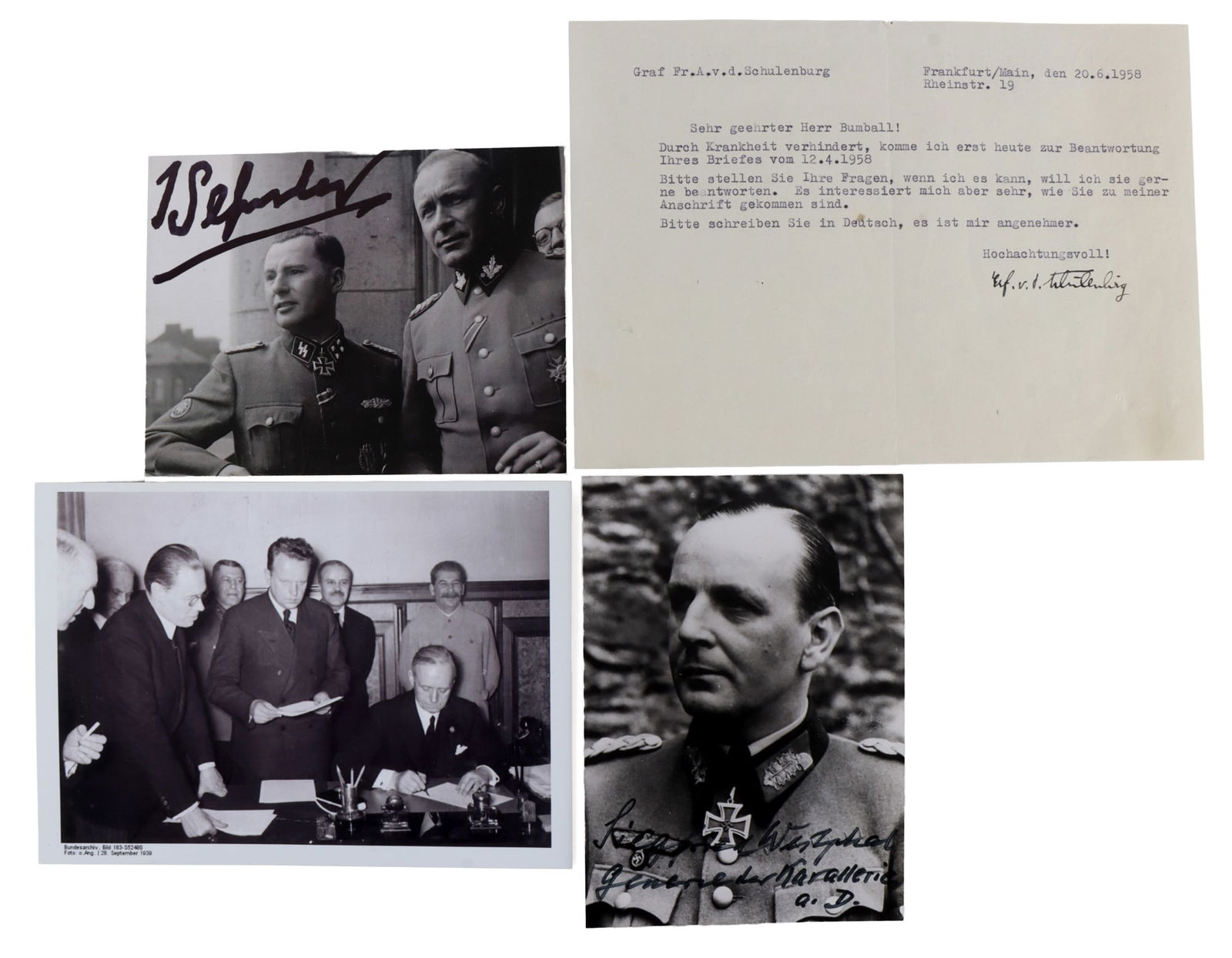 WWII GERMAN THIRD REICH AUTOGRAPHS LOT OF 4: Four autographs of the Third Reich. Siegfried Westphal, Graf von Schulenberg, and Richard Schulze-Kossens. Very good, original condition.
