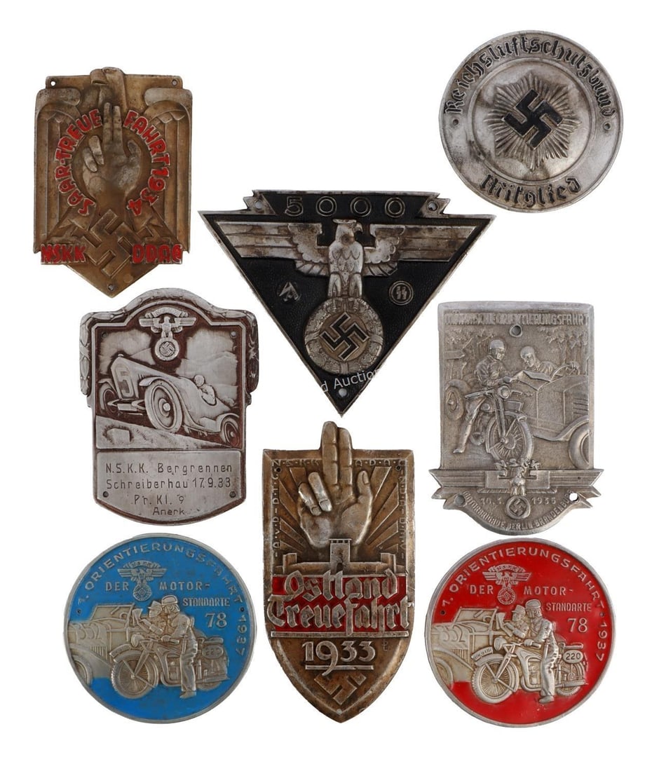 WWII GERMAN THIRD REICH PLAQUES LOT OF 8: 1) NSKK eastern drive 1937. 2) NSKK eastern drive 1937. 3) Reichsluftschutzbund. 4) 1935 NSKK plaque. 5) NSKK. 6) 1933 Ostland road rally. 7) NSKK DDAC plaque. 8) SA/SS 5000 km road test. All unauthen