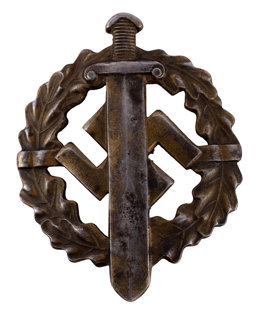 WWII GERMAN THIRD REICH SA SPORTS BADGE: A Sports Badge for the Sturmabteilung of the German Third Reich, bearing a sword over a swastika. Fechler marked. The clasp on the pin is slightly warped, so the badge is difficult to unclasp. Very go