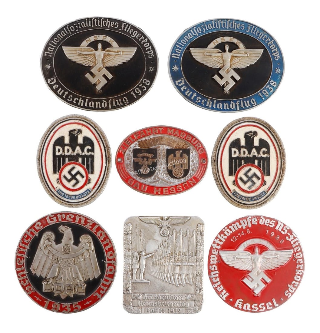 WWII GERMAN THIRD REICH PLAQUES LOT OF 8: 1) 1934 NSKK/DDAC plaque. 2) DDAC 1935 plaque. 3) Undated DDAC Reichsadler plaque. 4) Undated DDAC Reichsadler plaque. 5) 1938 NSFK plaque. 6) 1938 NSFK plaque. 7) NSFK Kassel plaque. 8) Kassel 1939 p