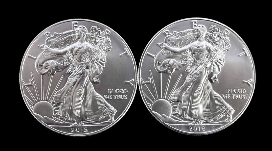 US .999 1 OZT SILVER EAGLES 2016 BU LOT OF 2: Mint state. Brilliant uncirculated. This lot reserved at melt.