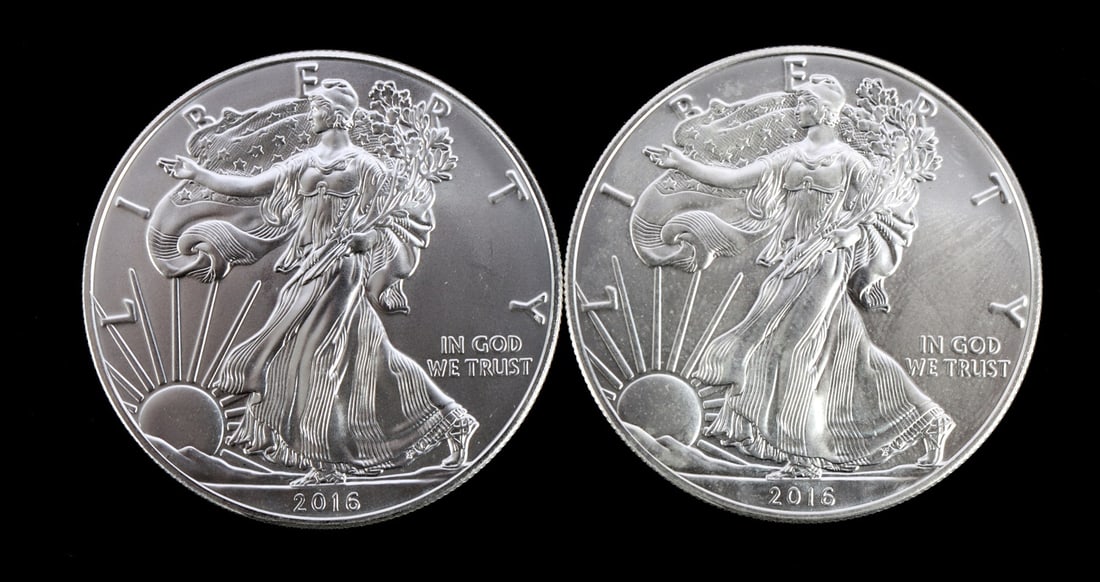US .999 1 OZT SILVER EAGLES 2016 BU LOT OF 2: Mint state. Brilliant uncirculated. This lot reserved at melt.