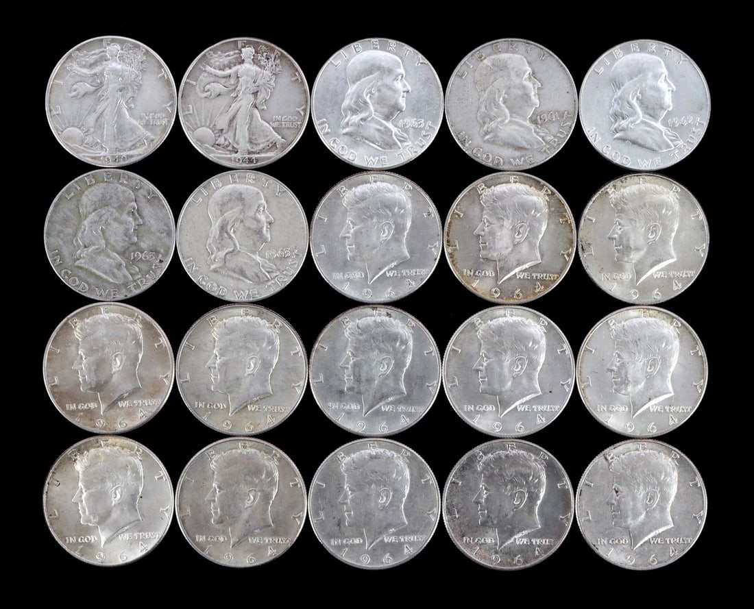 $10 FACE US SILVER CONSTITUTIONAL 90% COINS: Twenty 90% silver half dollars. This lot reserved at melt.