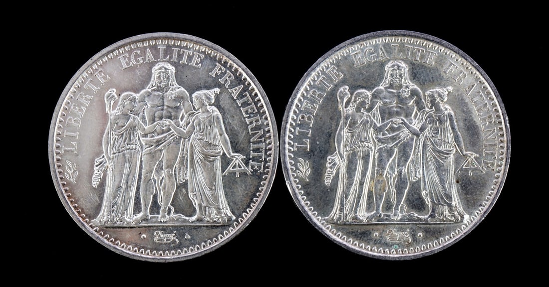 FRENCH .900 SILVER 10 HERCULE FRANC LOT OF 2: Two .900 silver Hercule francs. This lot reserved at melt.