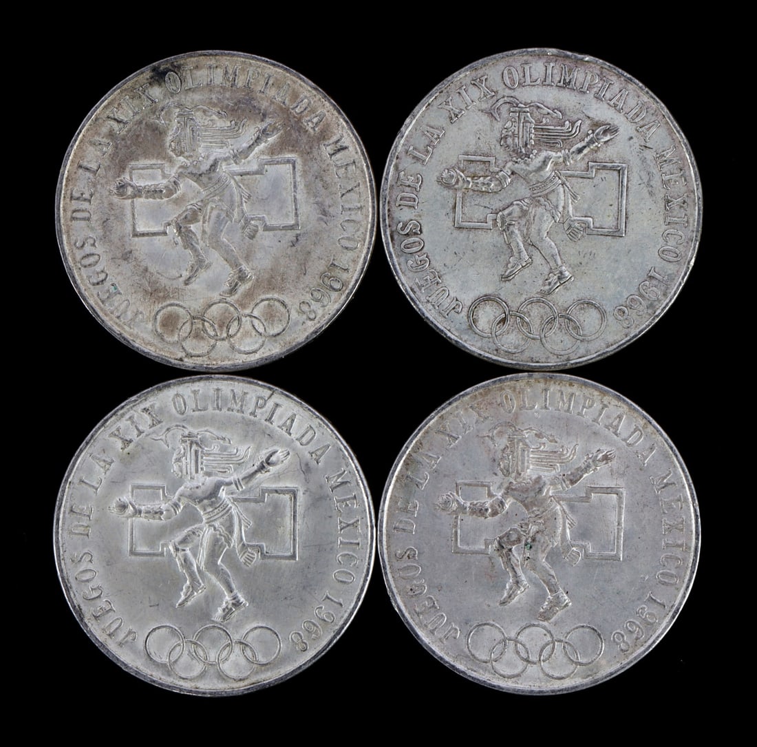 1968 OLYMPIC SILVER COMMEMORATIVE PESO LOT OF 4: Four 72% silver Mexico commemorative coins. This lot reserved at melt.