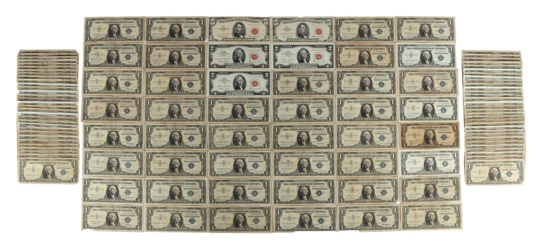 $121 FACE SILVER CERTIFICATES AND RED SEALS: Mostly $1 silver certificates and some red seals series 1963. Variety of condition. This lot has a reserve.