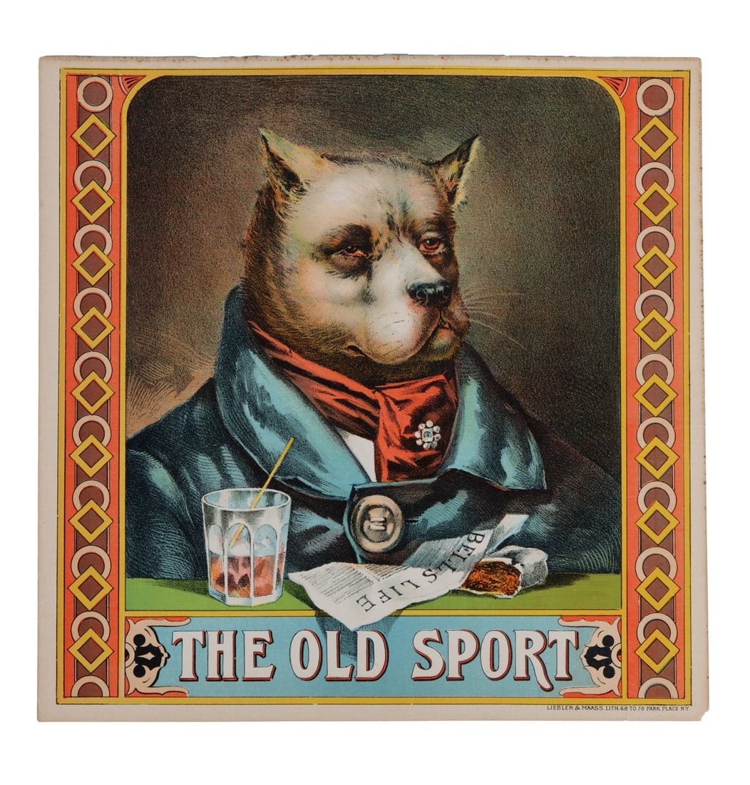 THE OLD SPORT ORIGINAL TOBACCO CRATE LABEL: A tobacco crate label reading "the Old Sport" and showing an aristocratic pit bull. Produced by Liebler & Mass Lithography of New York City. Approximately 11 X 11 inches. Very good, original condition