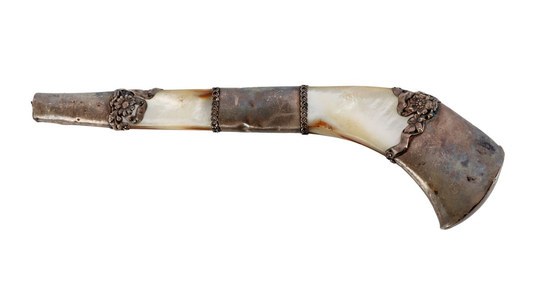 ANTIQUE PARASOL HANDLE SILVER MOTHER OF PEARL: Alternating silver and mother of pearl. It measures 9 3/8 inches. Widest part measures 1 7/8 inches.