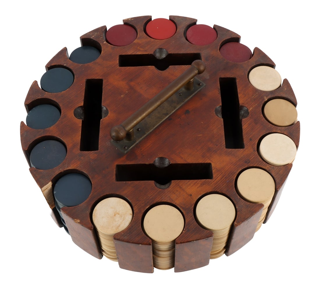 COLLECTION OF ANTIQUE POKER CHIPS & CAROUSEL CADDY (1 of 7)