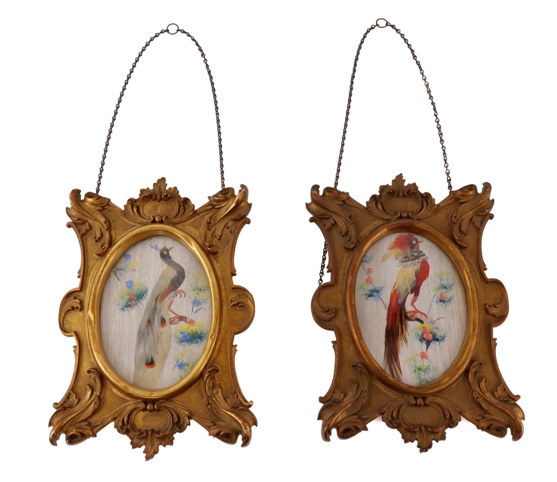 MEXICAN FEATHER ART IN VICTORIAN FRAMES SET OF 2 (1 of 6)