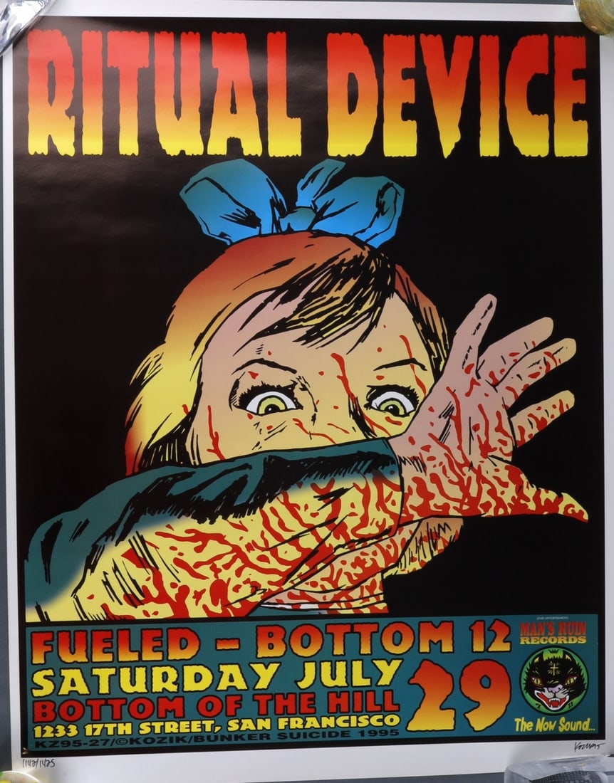 FRANK KOZIK RITUAL DEVICE ART PRINT POSTER: An art print poster by Frank Kozik for the band Ritual Device. Signed by Kozik. Numbered 1142/1425. 17.5 X 22 inches. Very good, original condition. This lot has a reserve.