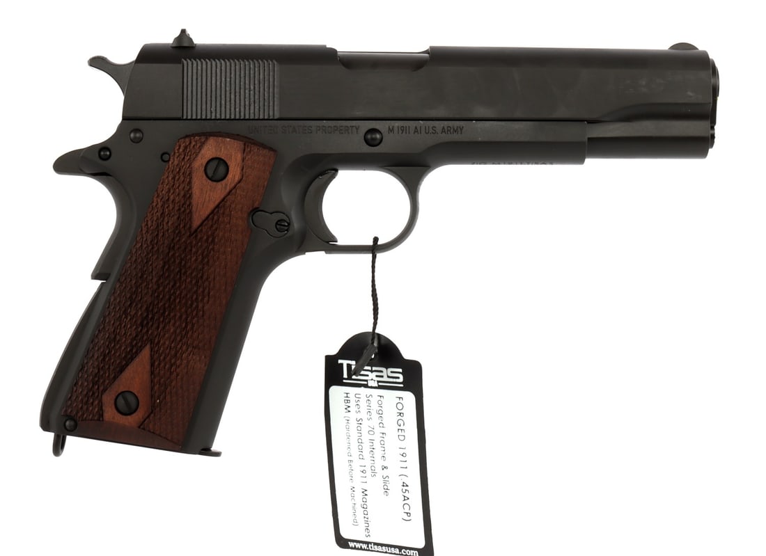 TISAS 1911 A1 US ARMY WWII .45 ACP PISTOL NIB: New in box Tisas Issued Series 1911 A1 US Army semi-automatic pistol. A faithful reproduction of the 1911 A1 that Remington Rand produced between 1943-1945. Includes two (2) Mec-Gar magazines, wood gr