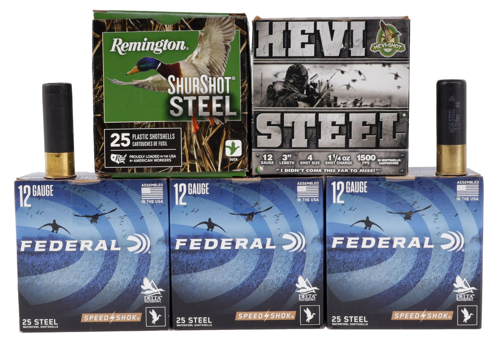 110 RDS ASSORTED 12 GAUGE 3IN STEEL SHOT SHELLS: Lot includes: THREE (3) Boxes of 25ct Federal Speed Shok 12 Gauge 3 inch Shells. 1 1/4 oz. 4 Steel Shot. ONE (1) Box of 25ct Remington ShurShot Steel 12 Gauge 3 inch Shells. 1 1/4 oz. 2 Shot. Partial