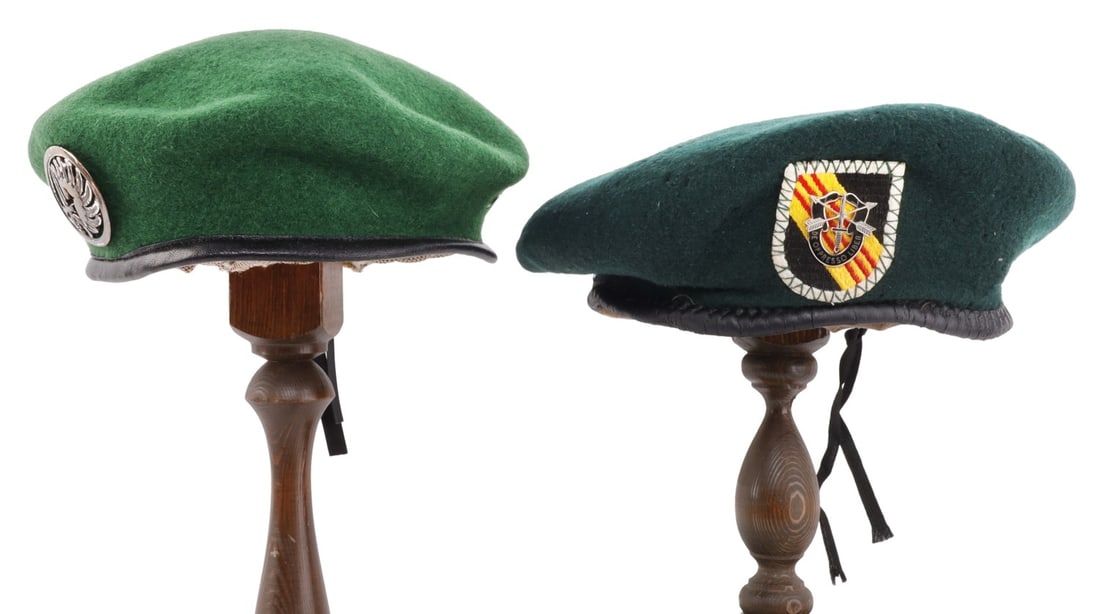 VIETNAM US SPECIAL FORCES FOREIGN LEGION BERET: French Foreign Legion green beret and US special forces green beret with newer MACVSOG patch, probably for reunion.