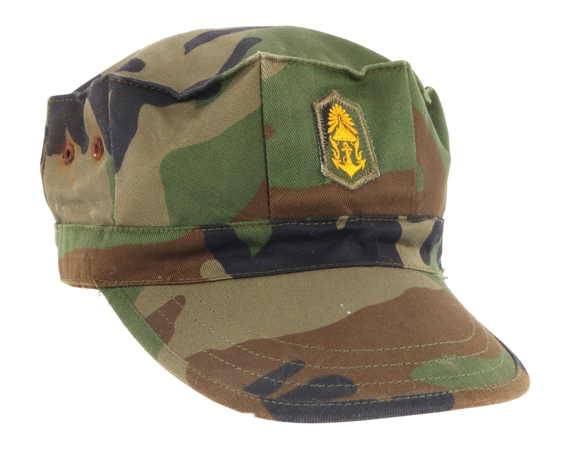 ROYAL THAI NAVY MARINE CORPS FIELD CAP: A field cap for the Royal Thai Marines. Some rusting on the rivets due to age. Size 21 inch circumference. Very good, original condition.