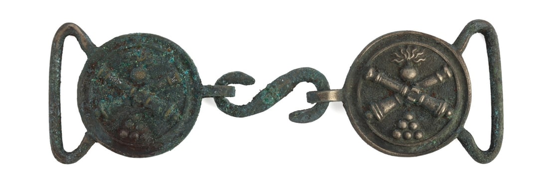 FRENCH FIRST EMPIRE NAPOLEONIC BELT PLATE: Bronze belt plate from the First Empire. Crossing cannons with flaming grenade and cannon balls below. They measure 6-1/4 inches as photographed.