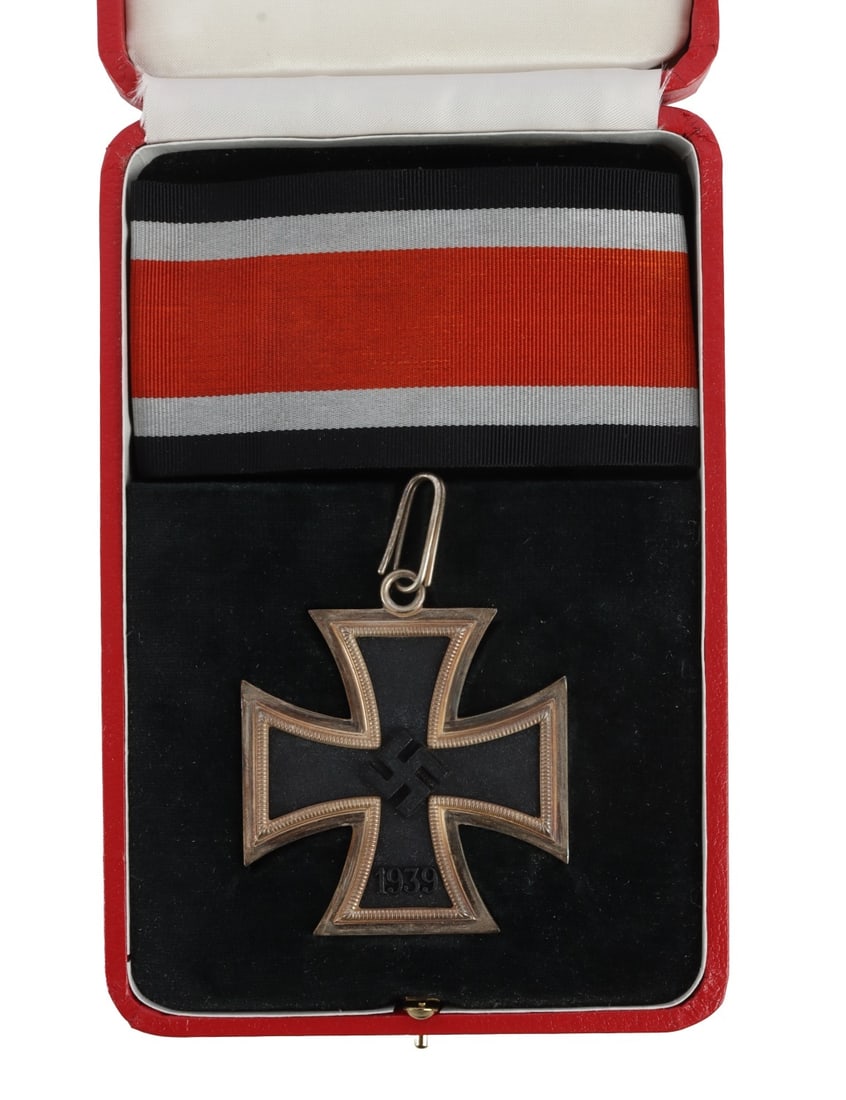WWII GERMAN GRAND CROSS OF THE IRON CROSS: Large-format display piece in a red presentation case embossed with the gold eagle. Silver frames marked L/12 and 800. Includes the wide 57mm Grand Cross ribbon with the characteristic orangish-red ce