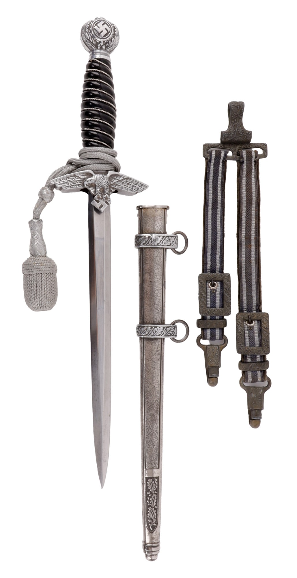 WWII GERMAN THIRD REICH 2ND MODEL LUFTWAFFE DAGGER: A second model Luftwaffe dagger. Black Bakelite grip, with aluminum Reichsadler and swastika pommel. With portepee and hangers. Blade is marked 'Robert Klaas Solingen,' and the hangers are marked 'D. 