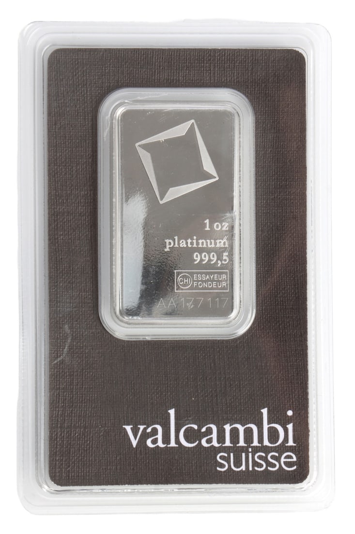 ONE TROY OUNCE PLATINUM VALCAMBI SUISSE BULLION: Guaranteed. Payment: Bidder accounts without an established purchase history must pay via Zelle, money order, cashier's check or wire transfer. Shipping: Affiliated Auctions will ship items via USPS o