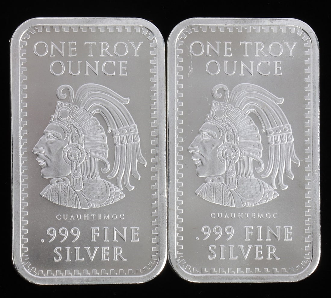 2 ONE TROY OUNCE .999 SILVER AZTEC BULLION BARS: .999 fine silver bars with Aztec design. Payment: Bidder accounts without an established purchase history must pay via Zelle, money order, cashier's check or wire transfer. Shipping: Affiliated Auctio