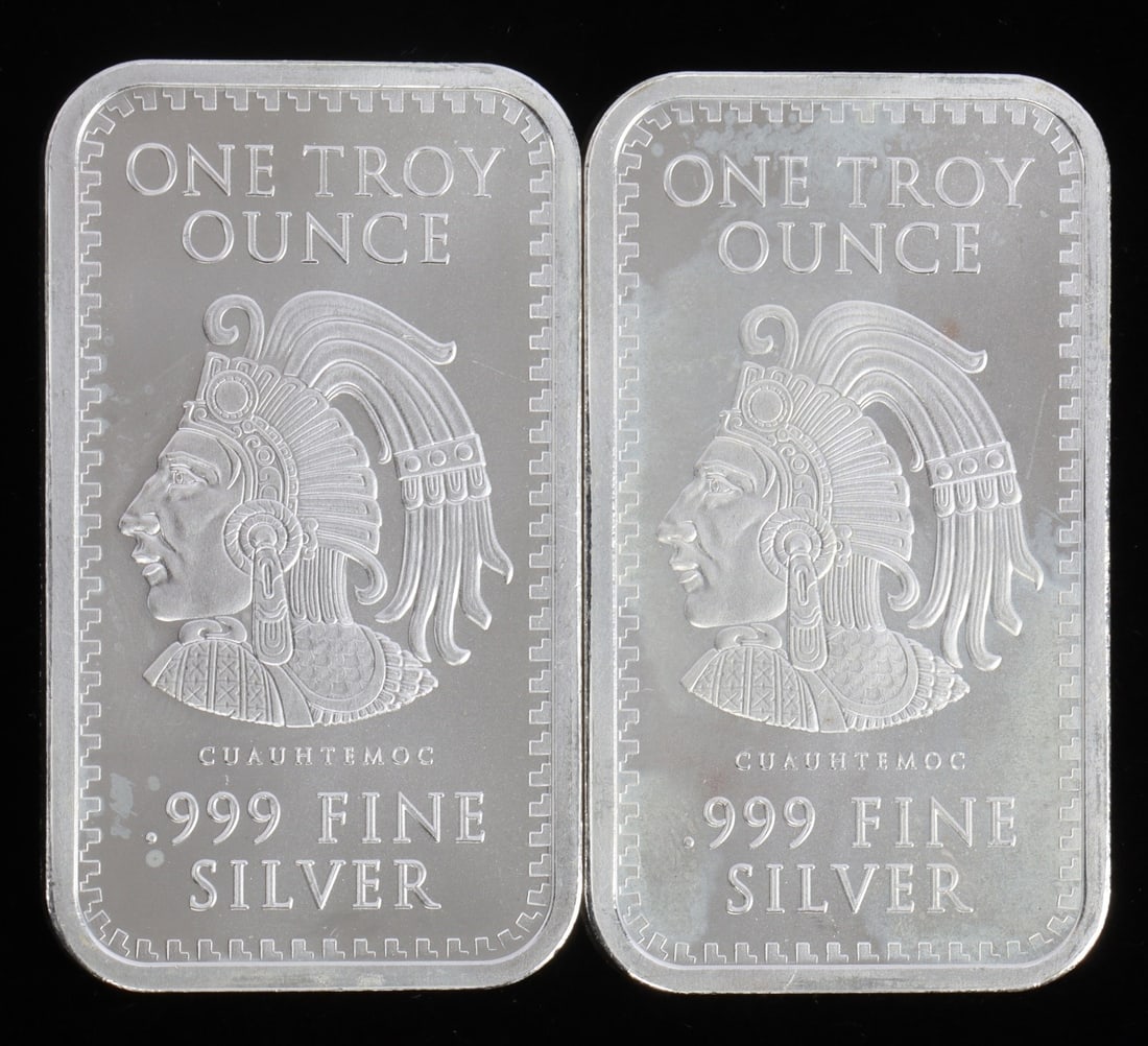 2 ONE TROY OUNCE .999 SILVER AZTEC BULLION BARS (1 of 2)