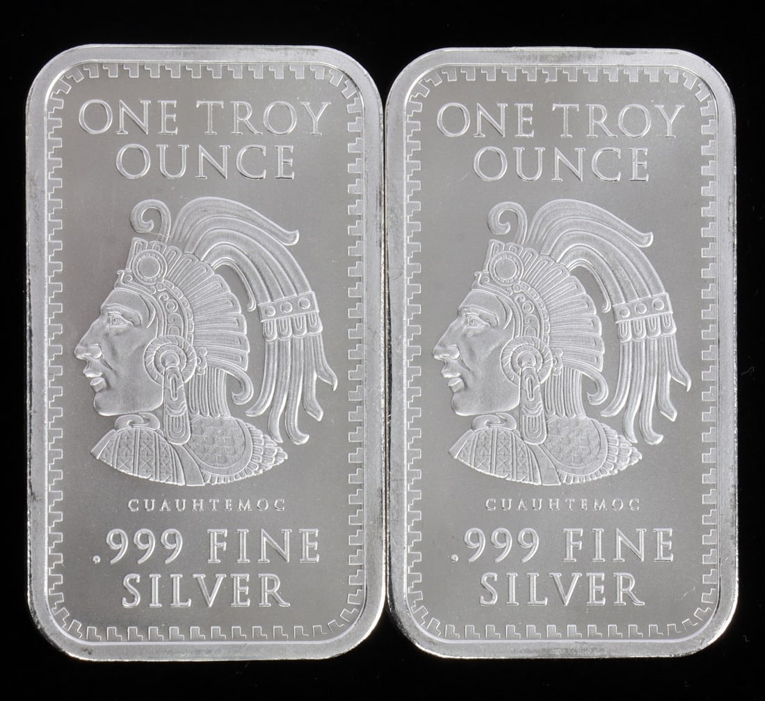 2 ONE TROY OUNCE .999 SILVER AZTEC BULLION BARS (1 of 2)