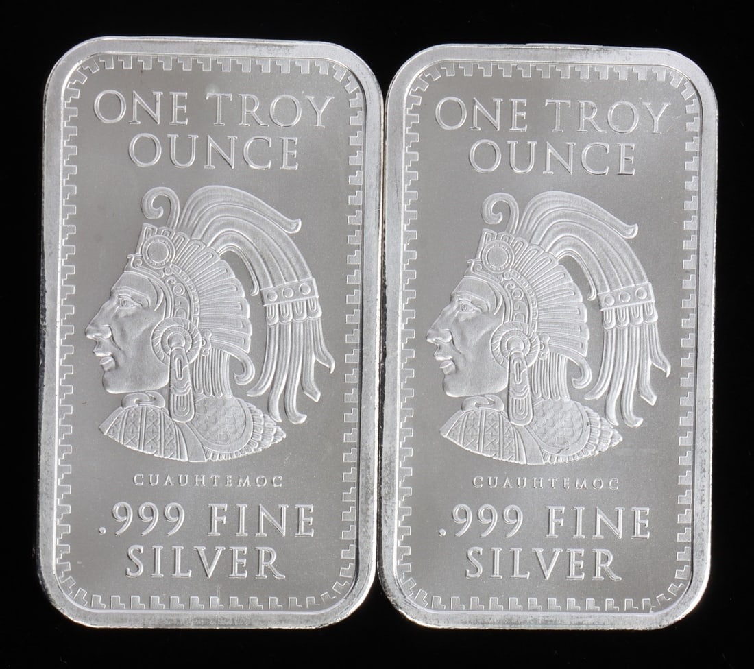 2 ONE TROY OUNCE .999 SILVER AZTEC BULLION BARS (1 of 2)