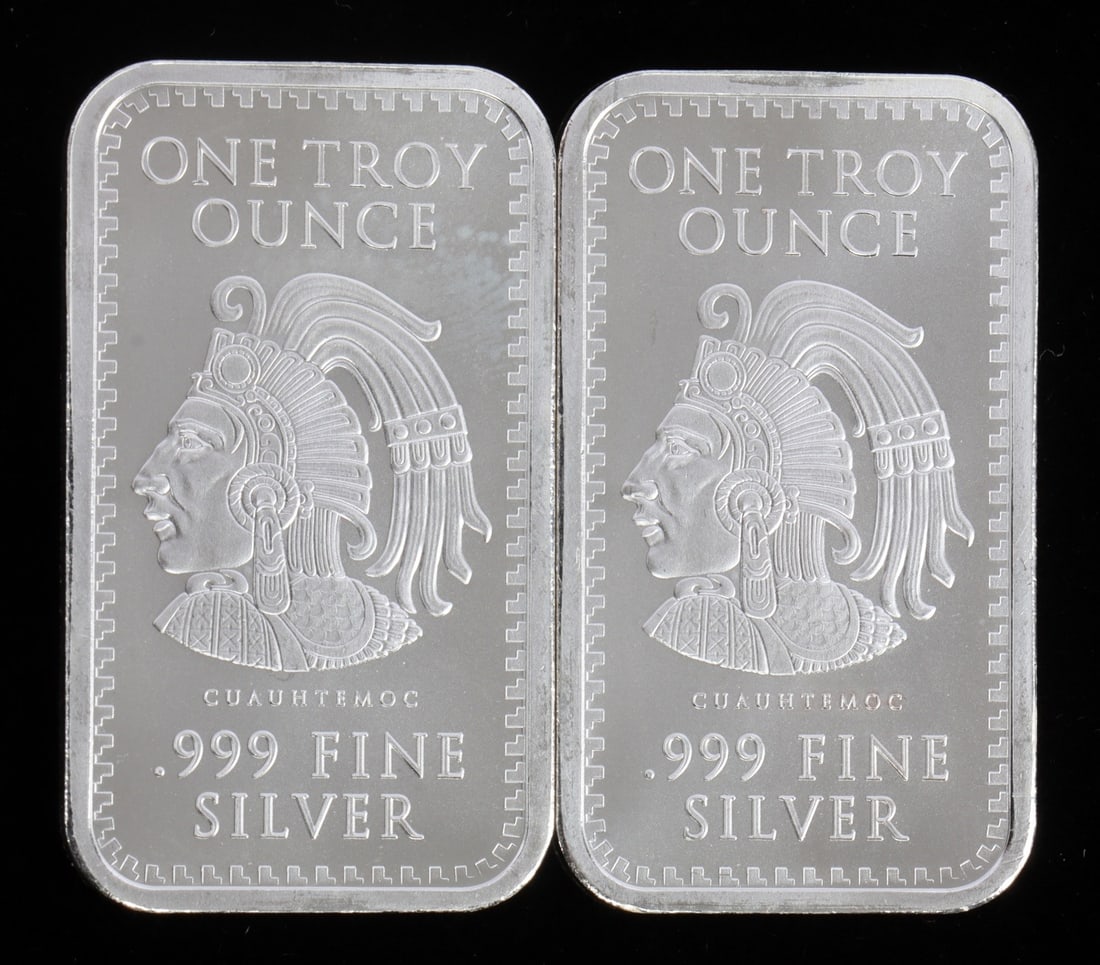 2 ONE TROY OUNCE .999 SILVER AZTEC BULLION BARS (1 of 2)