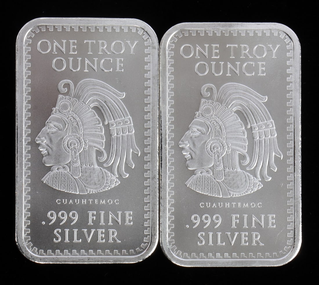 2 ONE TROY OUNCE .999 SILVER AZTEC BULLION BARS (1 of 2)