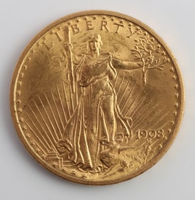 1908 ST GAUDENS $20 GOLD EAGLE COIN AU TO MS