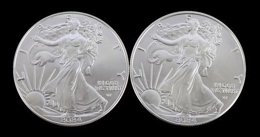 TWO 1 OZT .999 SILVER EAGLE COINS BU 2024