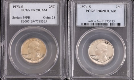 PCGS GRADED 1973 AND 1974 PR69DCAM 25C