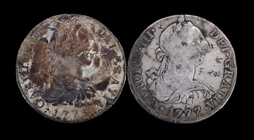 TWO REALES PIECES OF EIGHT SILVER COINS