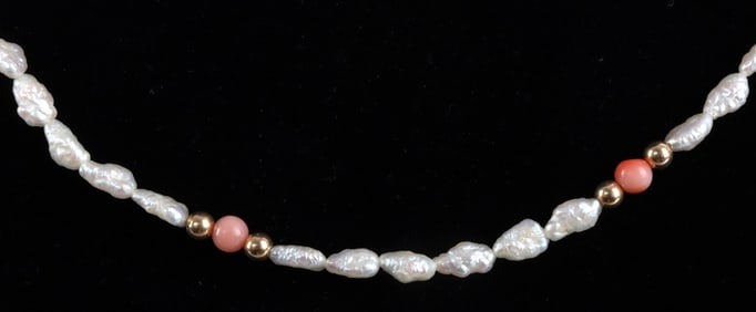 14KT GOLD PEARL AND CORAL NECKLACE