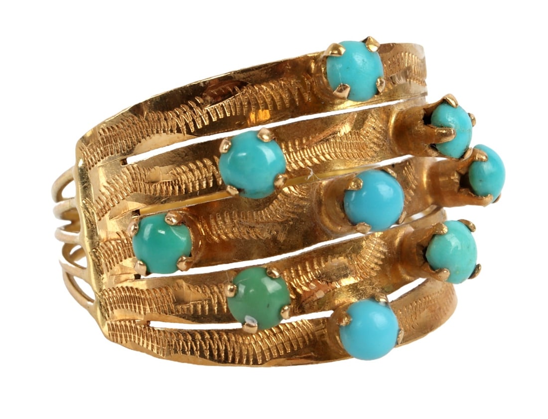 18KT YELLOW GOLD TURQUOISE HAREM STYLE RING: 18kt gold ring with 9 round cut turquoise stones. The ring is made in a Harem style. Unknown maker mark stamped on shank acid test for 18kt. Size 6.5 . In very good condition. This lot has a reserve.