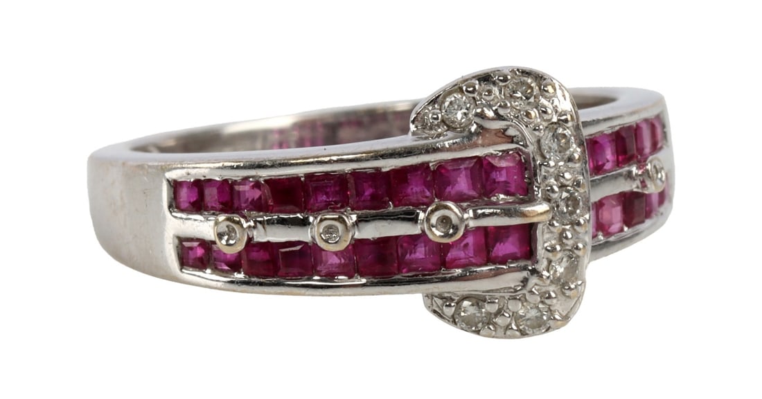18KT WHITE GOLD DIAMOND AND RUBY BELT BUCKLE RING (1 of 8)