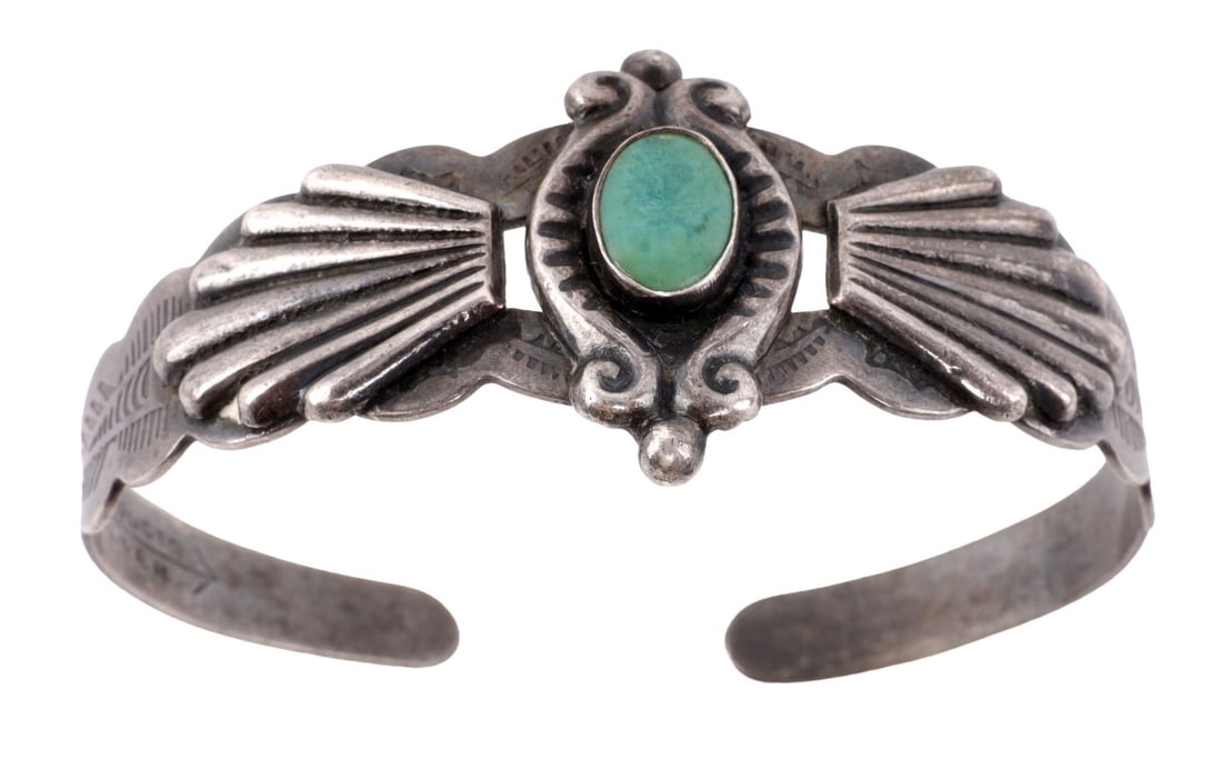 NAVAJO COIN SILVER CUFF WITH NEW MEXICO TURQUOISE (1 of 8)