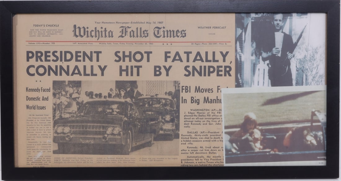 FRAMED KENNEDY ASSASSINATION NEWSPAPER (1 of 9)