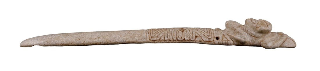 PRECOLUMBIAN TAINO VOMIT SPATULA STONE: Taino (1000-1500 CE) stone vomit spatula, commonly used during their cohoba rituals. The spatula features a contorted effigy, likely a monkey of some type, where the handle is. Three holes have been