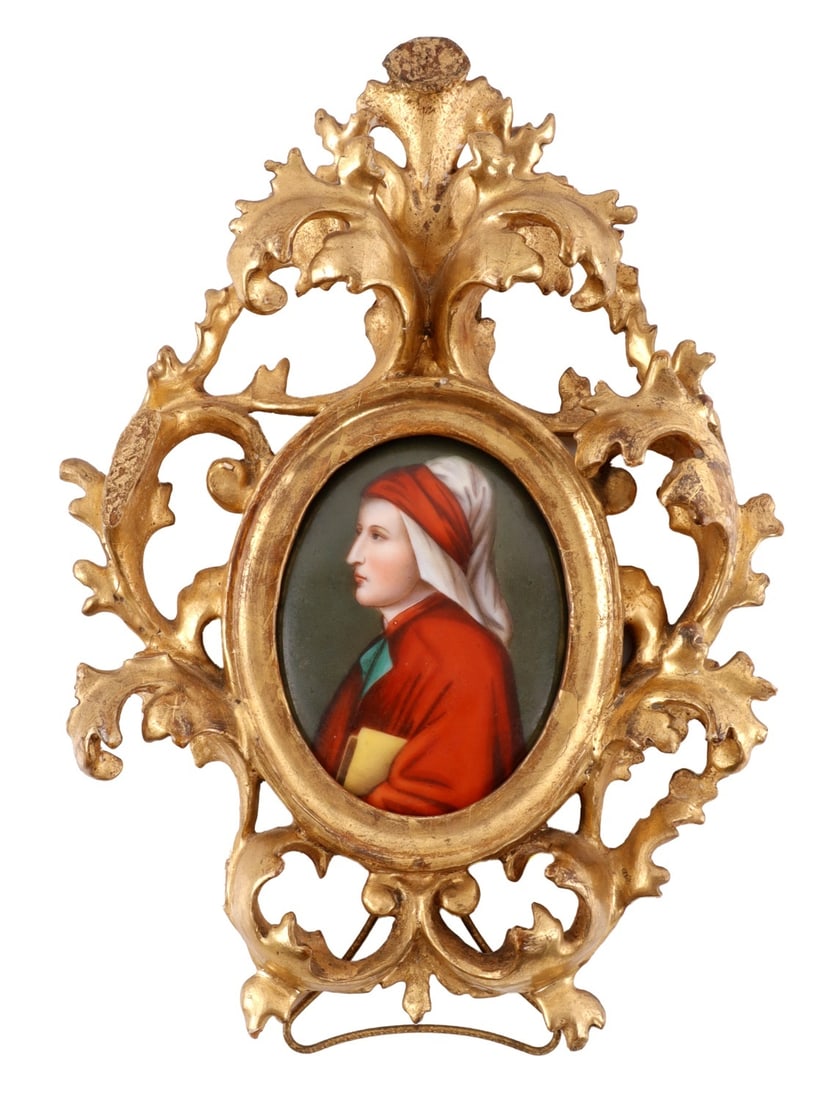 ITALIAN PORTRAIT MINIATURE OF DANTE ALIGHIERI: Portrait miniature of Dante Alighieri, early 20th c., painted on ceramic plaque with baroque standing frame. Ceramic plaque measures 3.5 x 2.75 inches. Very good condition. Frame is missing nails