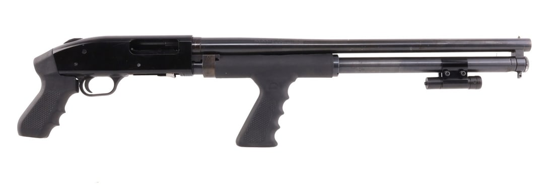 MOSSBERG 500A 12 GAUGE PISTOL GRIP PUMP SHOTGUN: Mossberg 500A pump-action shotgun. Barrel length 20.75 inches. Equipped with full-length magazine tube, Choate vertical forend grip, laser sight and sling swivels. Very good condition. Mechanically