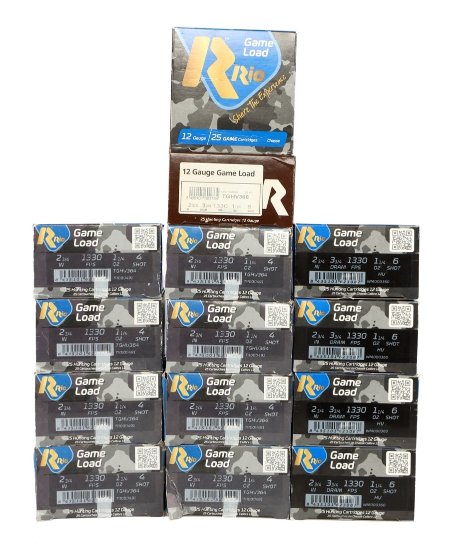 350 ROUNDS 12 GAUGE RIO GAME LOAD SHOTSHELLS: Lot includes: EIGHT (8) Boxes of 25ct Rio 12 gauge 4 shot hunting cartridges. FIVE (5) Boxes of 25ct Rio 12 gauge 6 shot cartridges. ONE (1) Box of Rio 12 gauge 8 shot cartridges. 1330 FPS. 1 1/4 oz.